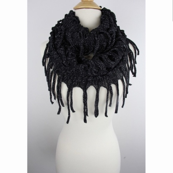 Black Fishnet Glitter Fringe Infinity Scarf - Picture 3 of 4
